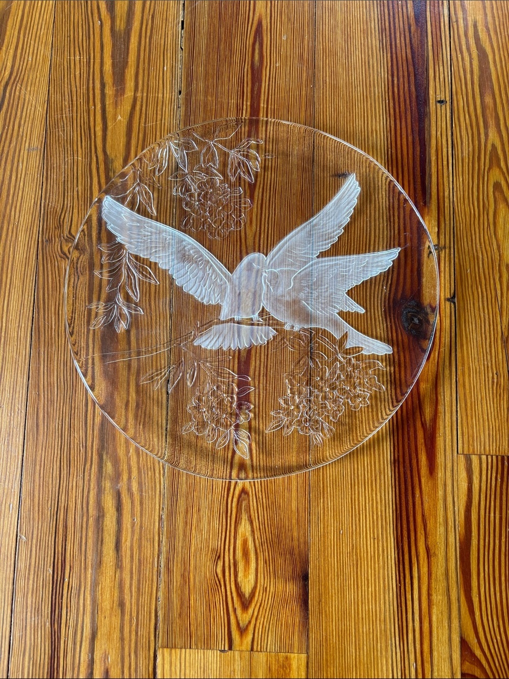 Vintage Glass Platter With Frosted Doves Diameter 13 3/8 Dated Back To 1970
